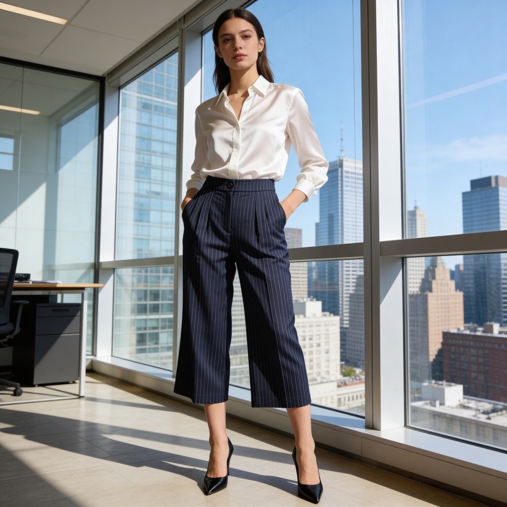 HALARA Navy Pinstripe Cropped Wide-Leg Pants